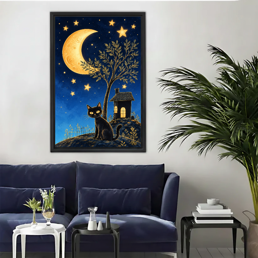 Whimsical moon cat canvas wall art framed above a navy sofa beside a tall indoor palm.
