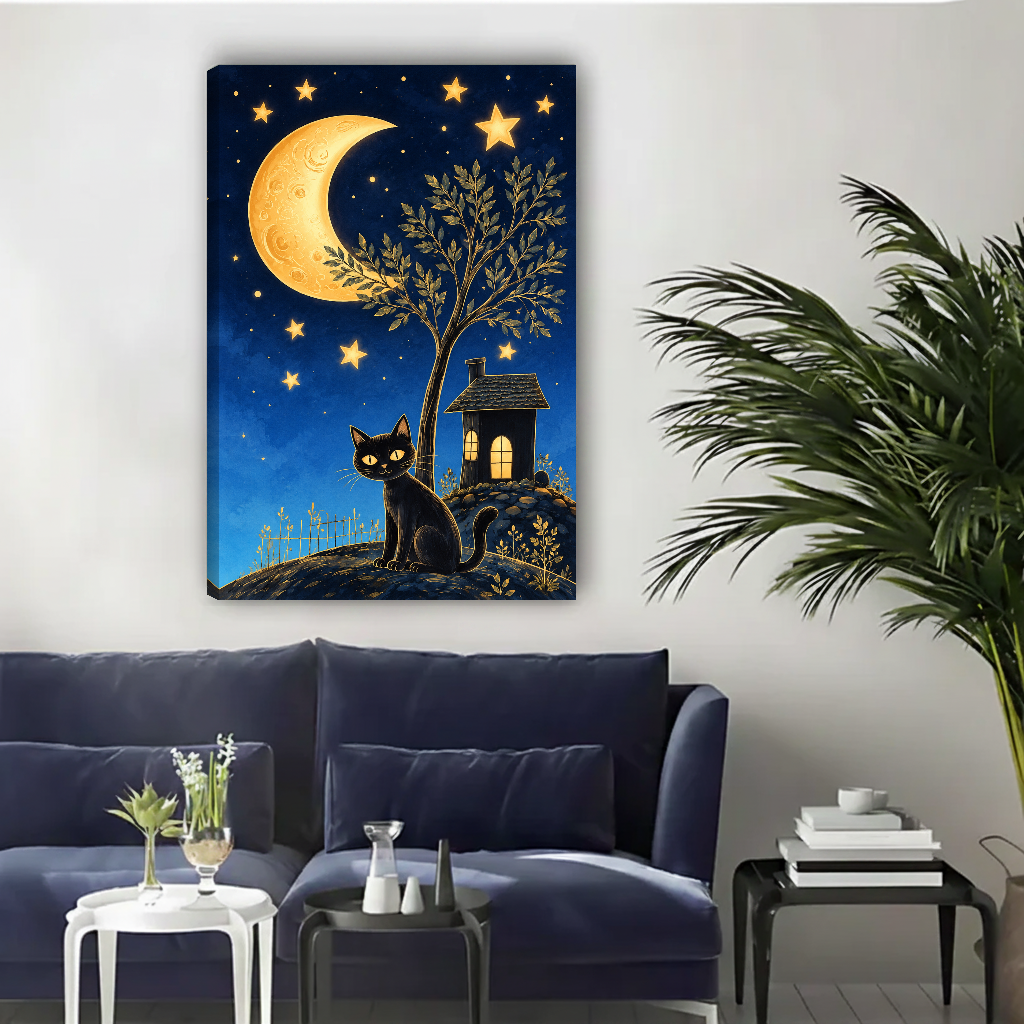 Whimsical moon cat canvas wall art unframed above a navy sofa in a bright living room.