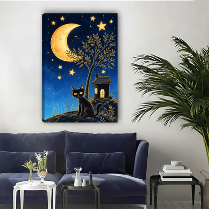 Whimsical moon cat canvas wall art unframed above a navy sofa in a bright living room.