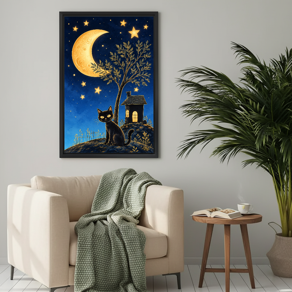Whimsical moon cat canvas wall art framed above a cream armchair with a green knitted blanket.
