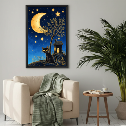 Whimsical moon cat canvas wall art framed above a cream armchair with a green knitted blanket.