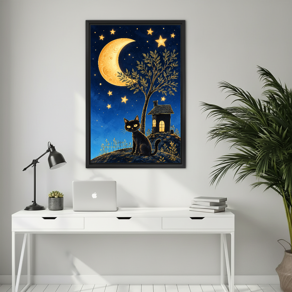 Whimsical moon cat canvas wall art framed above a white desk with a laptop and black lamp.