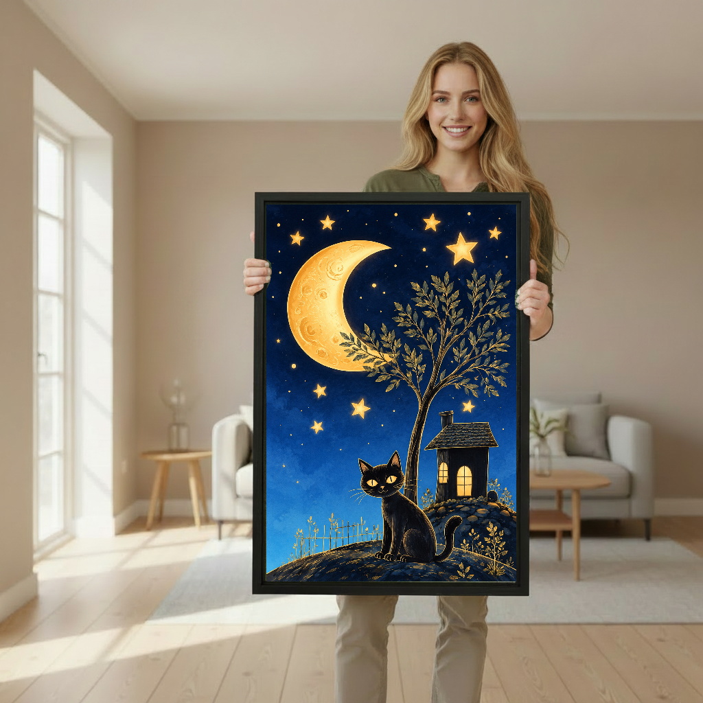 Whimsical moon cat canvas wall art framed as a woman holds the artwork in a softly lit room.
