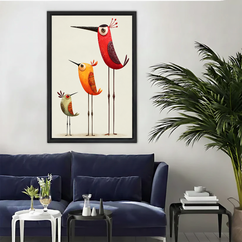 Minimalist colorful bird canvas wall art framed above a navy sofa beside a tall indoor palm.