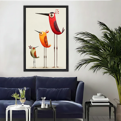 Minimalist colorful bird canvas wall art framed above a navy sofa beside a tall indoor palm.