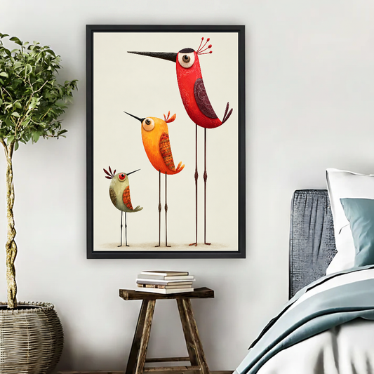 Minimalist Colorful Bird Canvas Wall Art L6074 — Framed canvas; bright neutral living space