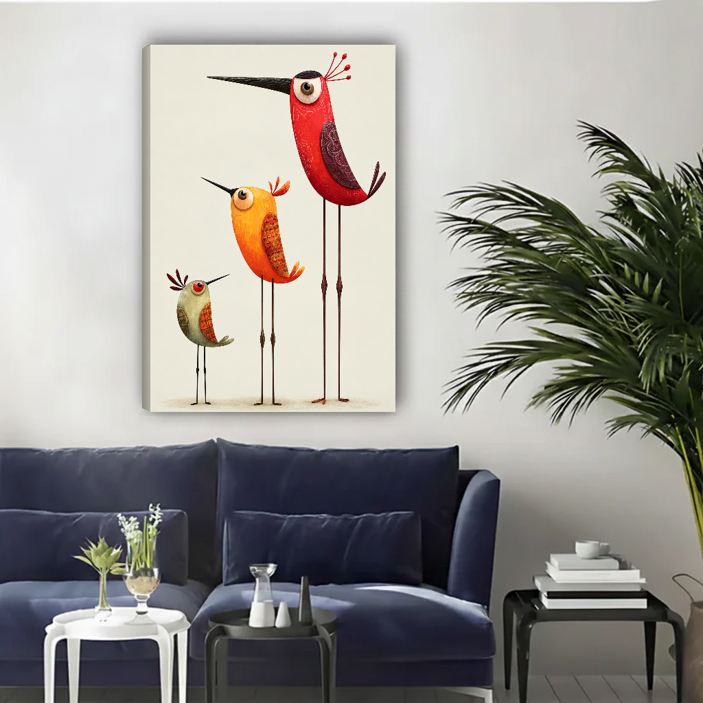 Minimalist colorful bird canvas wall art unframed above a navy sofa in a bright living room.