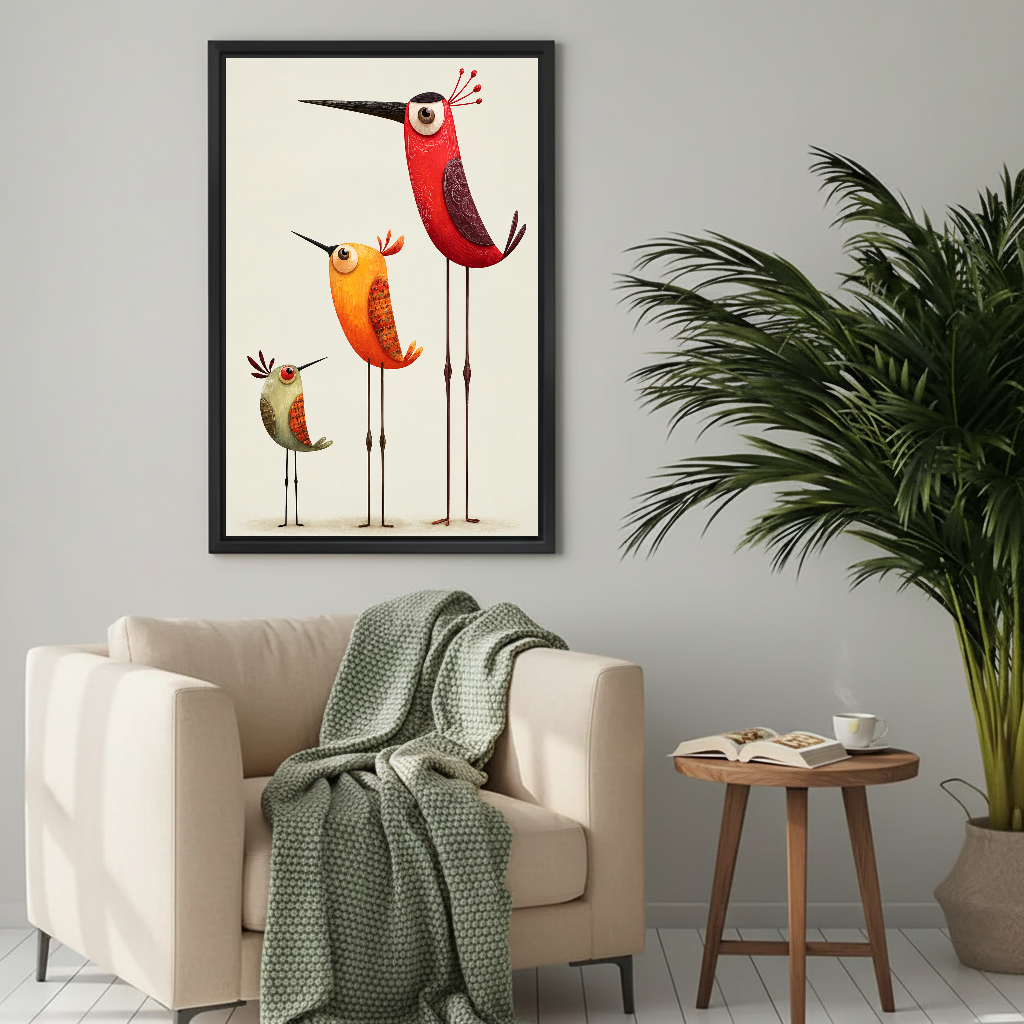 Minimalist colorful bird canvas wall art framed above a cream armchair with a green knitted blanket.
