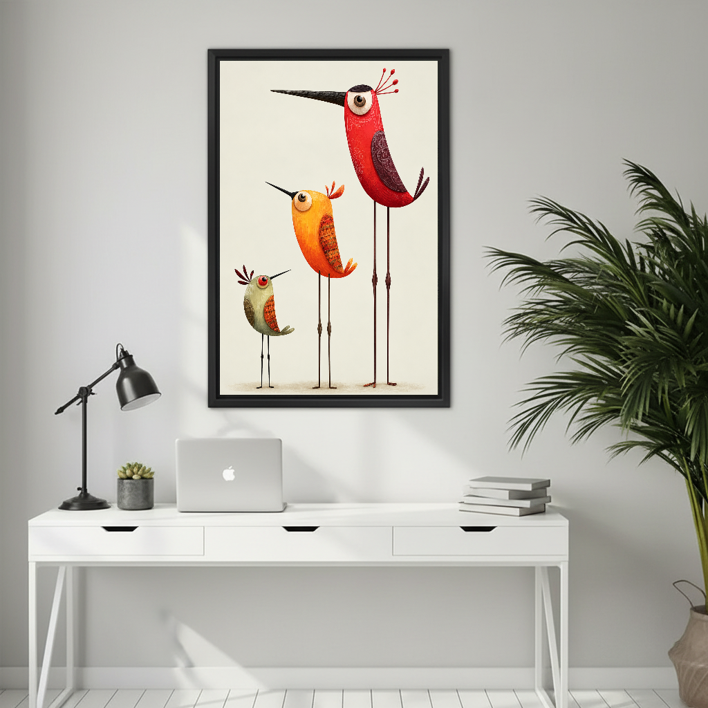 Minimalist colorful bird canvas wall art framed above a white desk with a laptop and black lamp.
