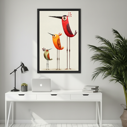 Minimalist colorful bird canvas wall art framed above a white desk with a laptop and black lamp.