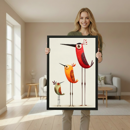 Minimalist colorful bird canvas wall art framed as a woman holds the artwork in a softly lit room.