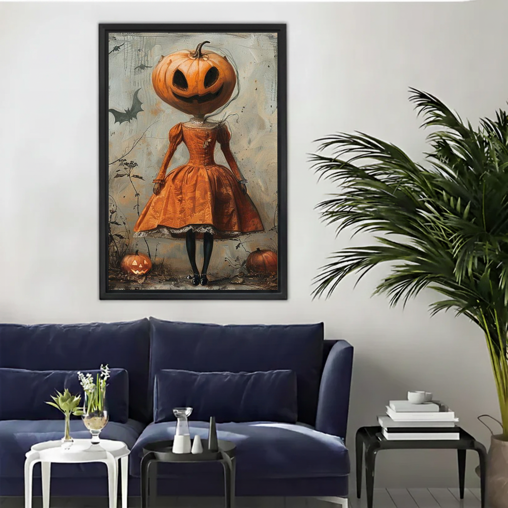 Autumn pumpkin girl canvas wall art framed above a navy sofa beside a tall indoor palm.