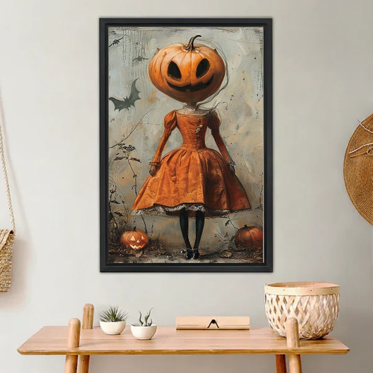 Autumn Pumpkin Girl Canvas Wall Art L6075 — Framed canvas; warm neutral living space