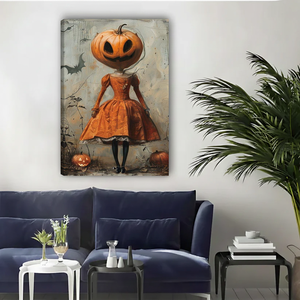 Autumn pumpkin girl canvas wall art unframed above a navy sofa in a bright living room.