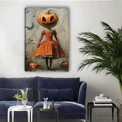 Autumn pumpkin girl canvas wall art unframed above a navy sofa in a bright living room.