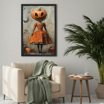 Autumn pumpkin girl canvas wall art framed above a cream armchair with a green knitted blanket.