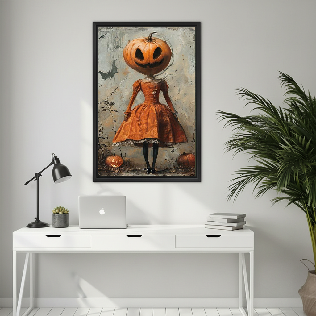 Autumn pumpkin girl canvas wall art framed above a white desk with a laptop and black lamp.