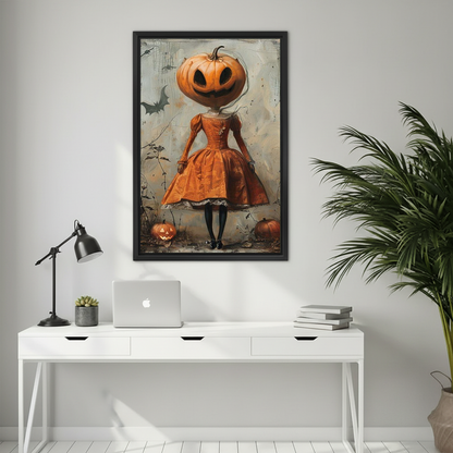 Autumn pumpkin girl canvas wall art framed above a white desk with a laptop and black lamp.