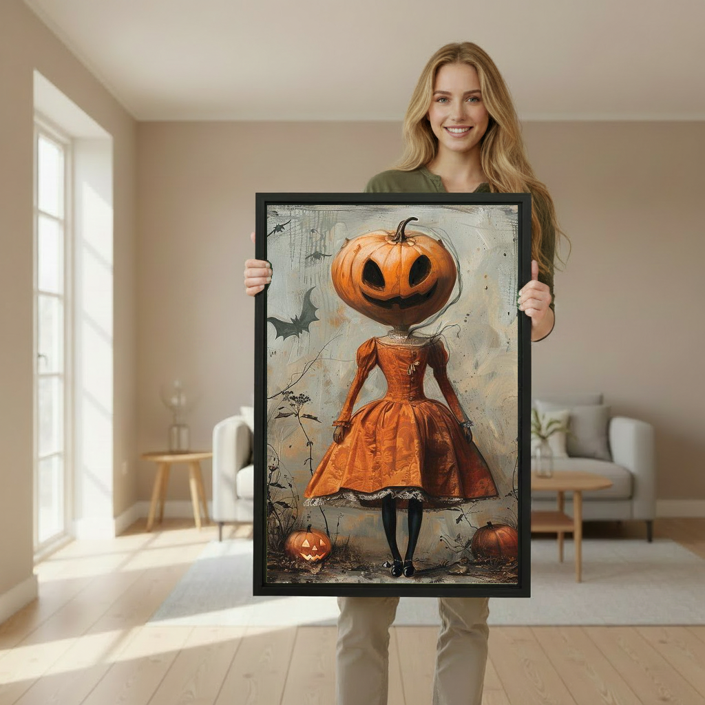 Autumn pumpkin girl canvas wall art framed as a woman holds the artwork in a softly lit room.