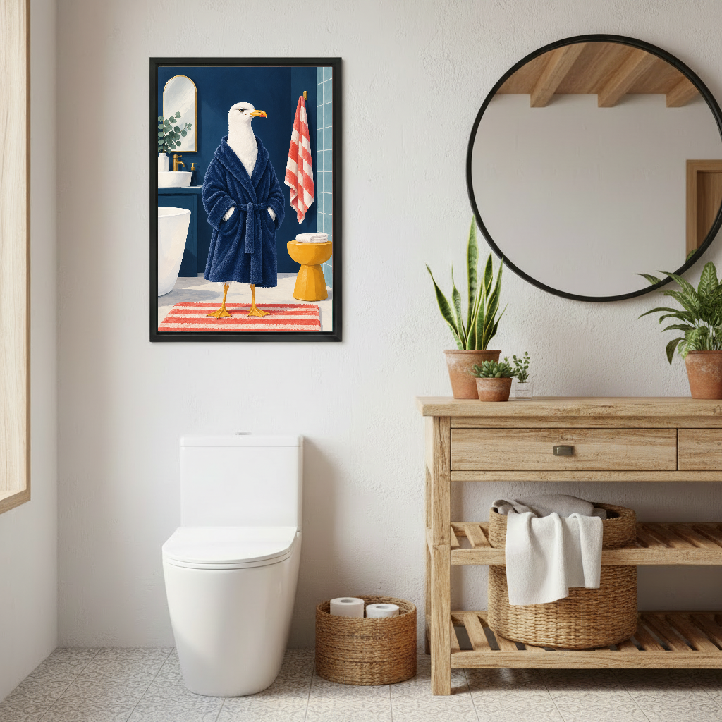 Funny bathrobe seagull canvas wall art framed beside a round bathroom mirror above a white toilet.