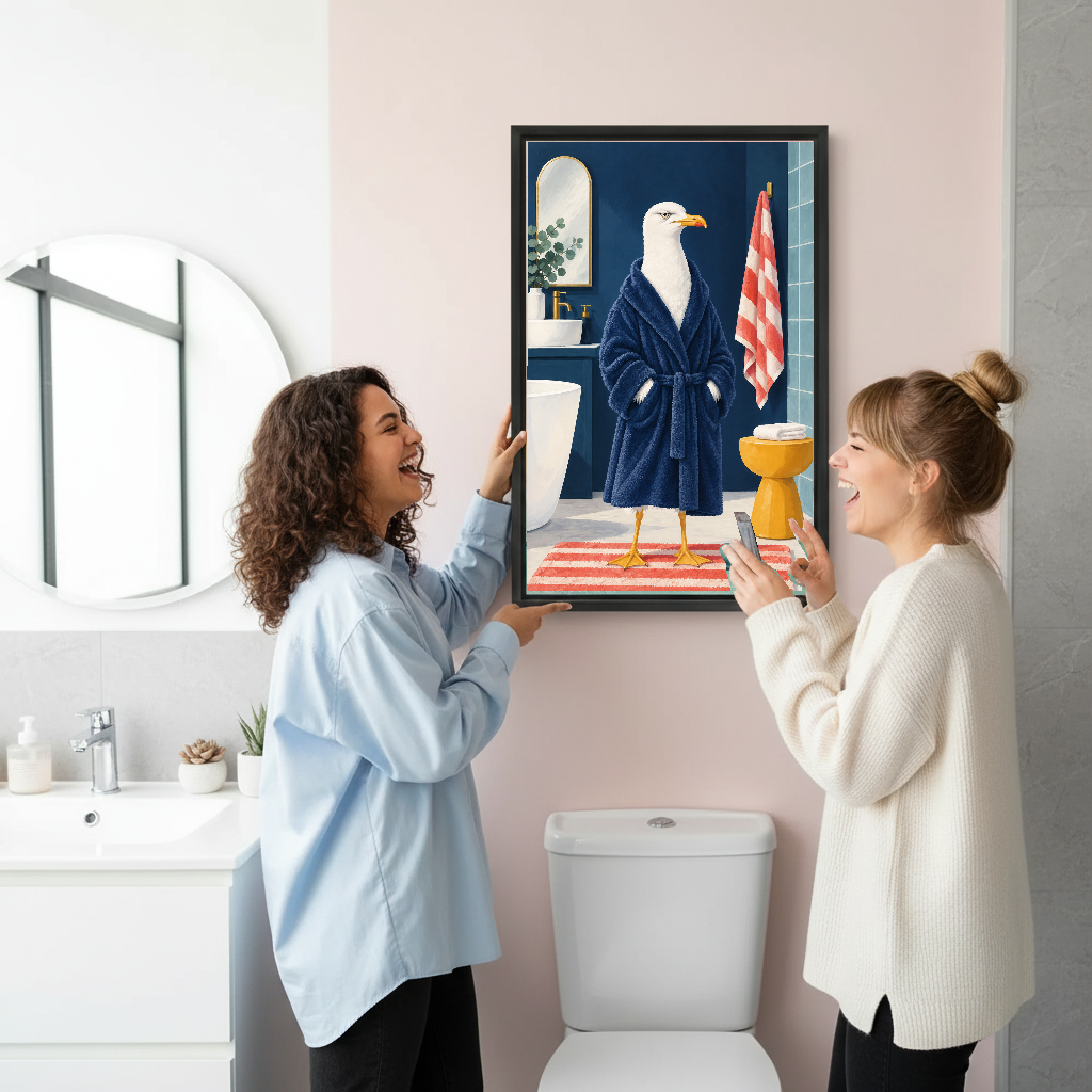 Funny bathrobe seagull canvas wall art framed as two women admire the artwork in a bright bathroom.