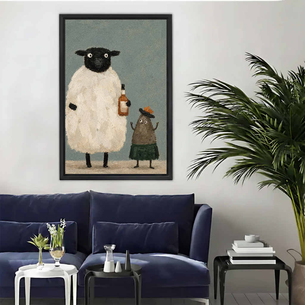 Whimsical sheep friends canvas wall art framed above a navy sofa beside a tall indoor palm.