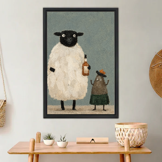 Whimsical Sheep and Scottish Pinecone Canvas Wall Art L6077 — Framed canvas; warm neutral living space