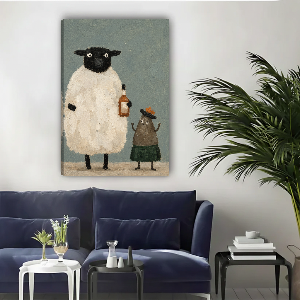 Whimsical sheep friends canvas wall art unframed above a navy sofa in a bright living room.