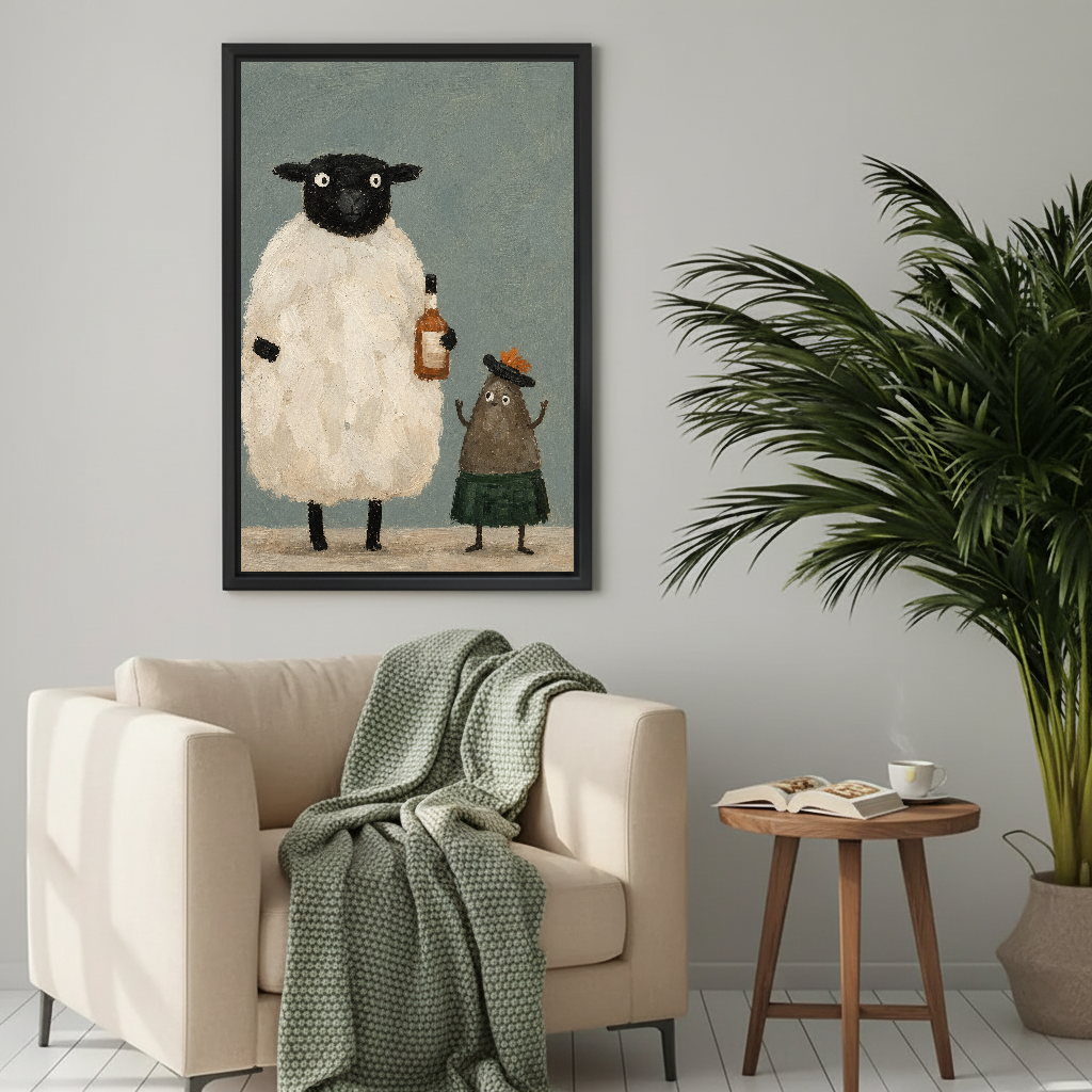 Whimsical sheep friends canvas wall art framed above a cream armchair with a green knitted blanket.
