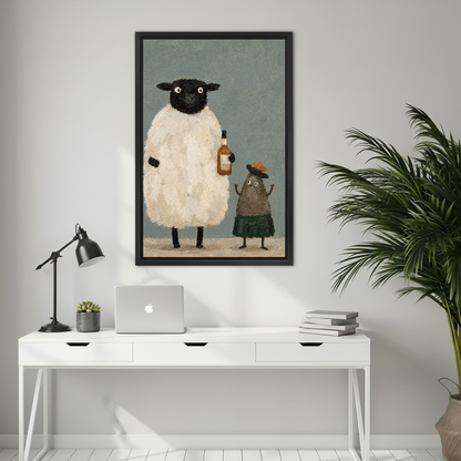 Whimsical sheep friends canvas wall art framed above a white desk with a laptop and black lamp.