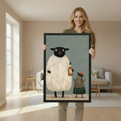 Whimsical sheep friends canvas wall art framed as a woman holds the artwork in a softly lit room.