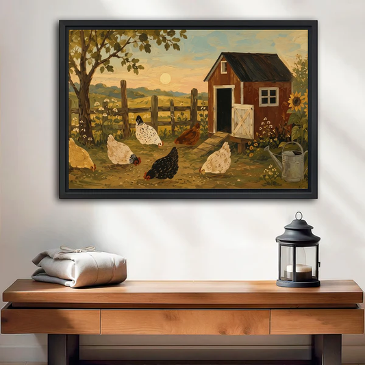 Country chicken coop canvas wall art framed above a wooden console beside a lantern and folded blanket.