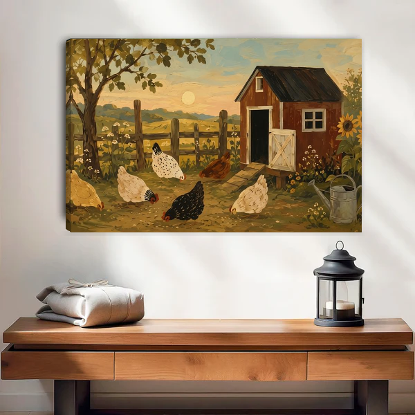 Country chicken coop canvas wall art unframed above a wooden console in a bright neutral room.