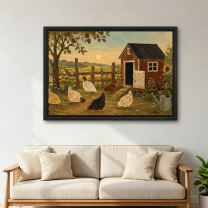 Country chicken coop canvas wall art framed above a cream sofa with cushions in a neutral living room.