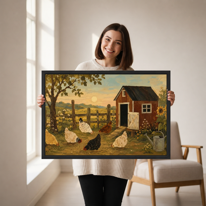Country chicken coop canvas wall art framed as a woman holds the artwork near a cream armchair.