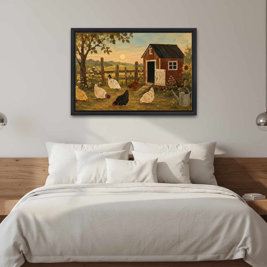 Country chicken coop canvas wall art framed above a white bed with a wooden headboard and pillows.