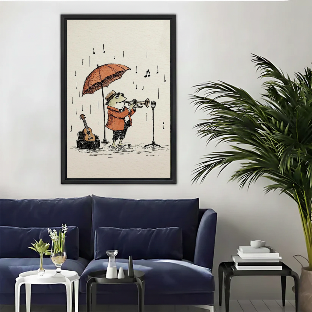 Rainy day jazz frog canvas wall art framed above a navy sofa beside a tall indoor palm.