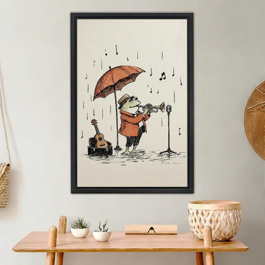 Rainy Day Jazz Frog Canvas Wall Art L6079 — Framed canvas; warm neutral living space