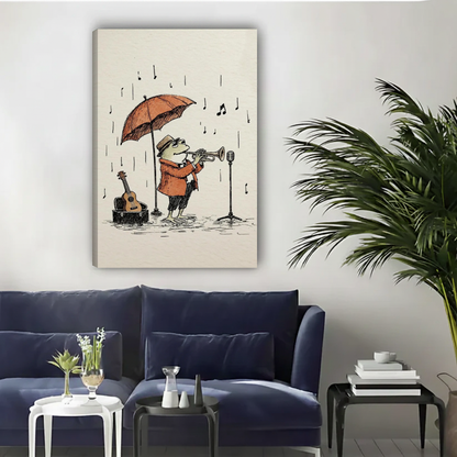 Rainy day jazz frog canvas wall art unframed above a navy sofa in a bright living room.