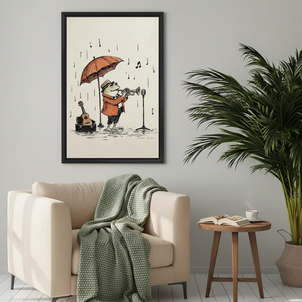 Rainy day jazz frog canvas wall art framed above a cream armchair with a green knitted blanket.