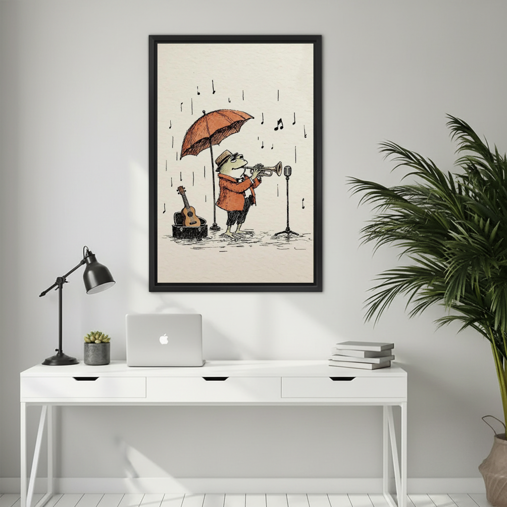 Rainy day jazz frog canvas wall art framed above a white desk with a laptop and black lamp.