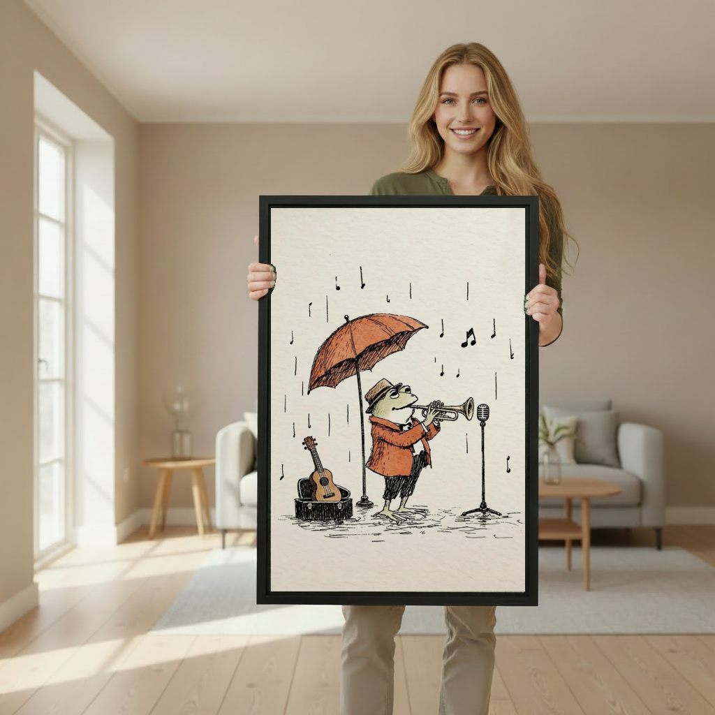 Rainy day jazz frog canvas wall art framed as a woman holds the artwork in a softly lit room.