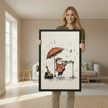 Rainy day jazz frog canvas wall art framed as a woman holds the artwork in a softly lit room.