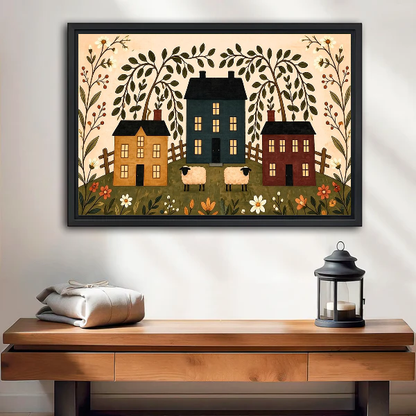 Folk village canvas wall art displayed in a black frame above a wooden table and lantern.