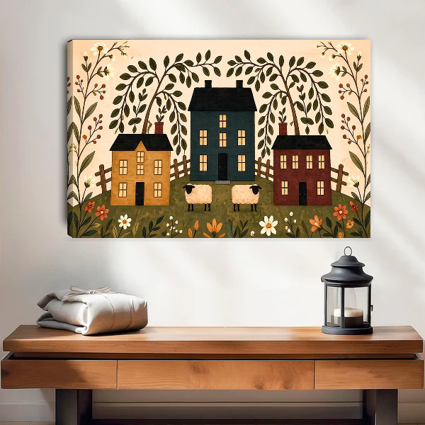Folk village canvas wall art shown as an unframed canvas above a warm wooden table.