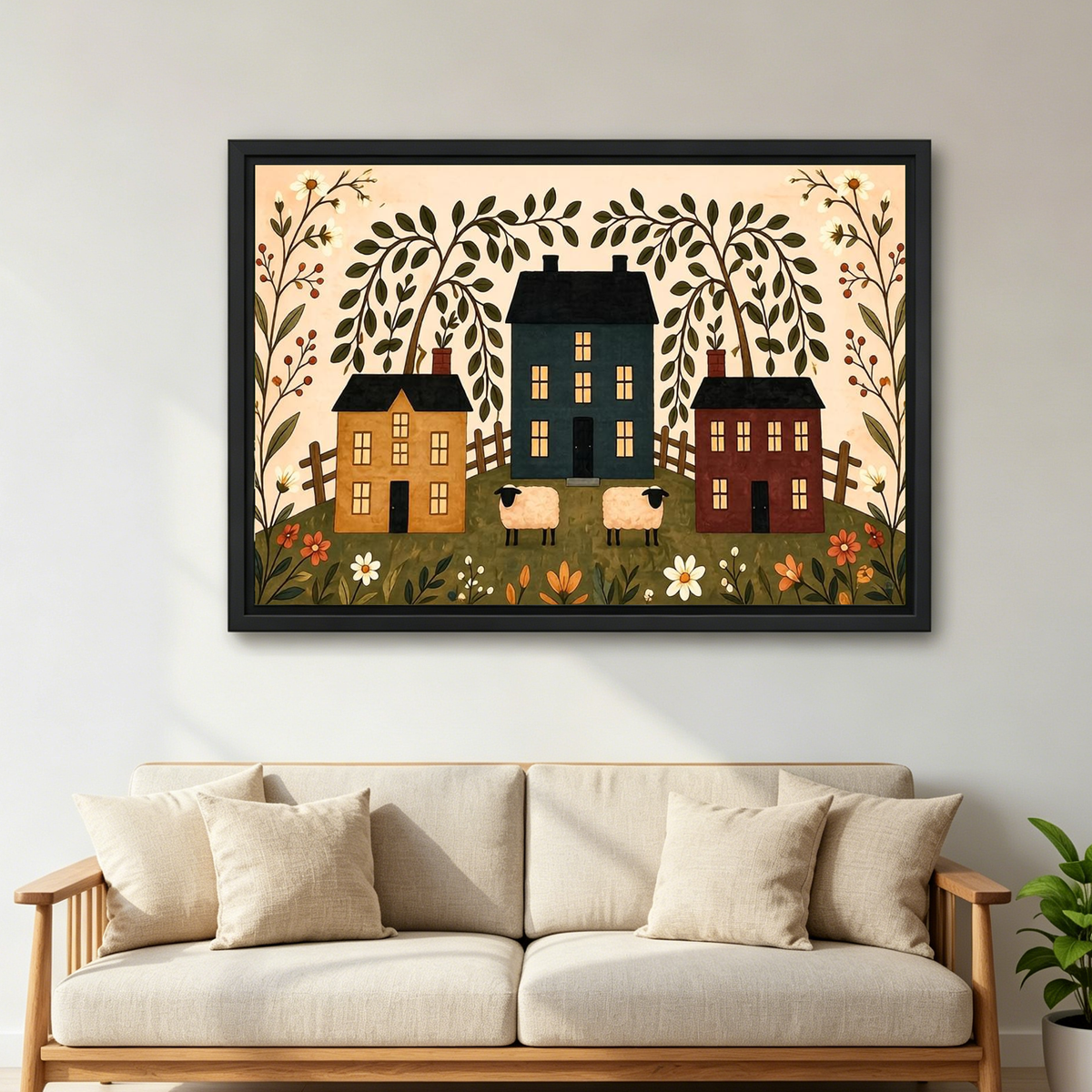 Folk village canvas wall art in a black frame above a cream sofa with wooden arms.