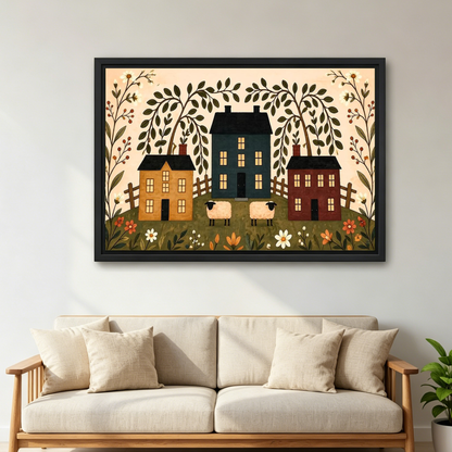 Folk village canvas wall art in a black frame above a cream sofa with wooden arms.