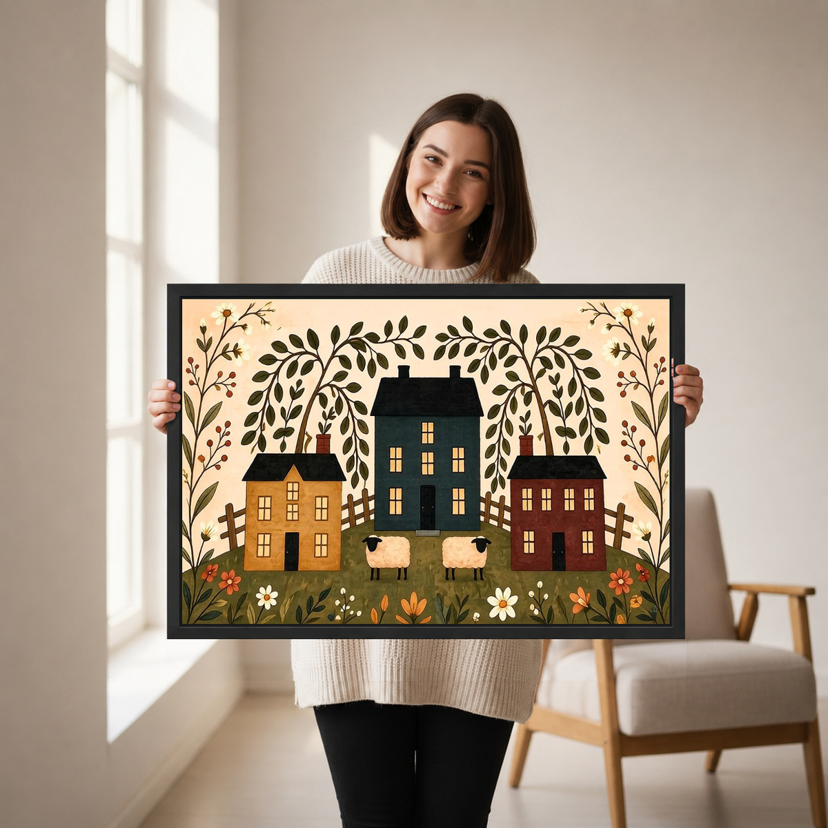 Woman holding framed folk village canvas wall art in a softly lit neutral living room.