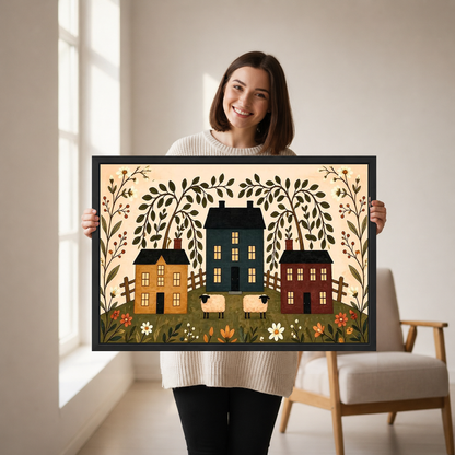 Woman holding framed folk village canvas wall art in a softly lit neutral living room.