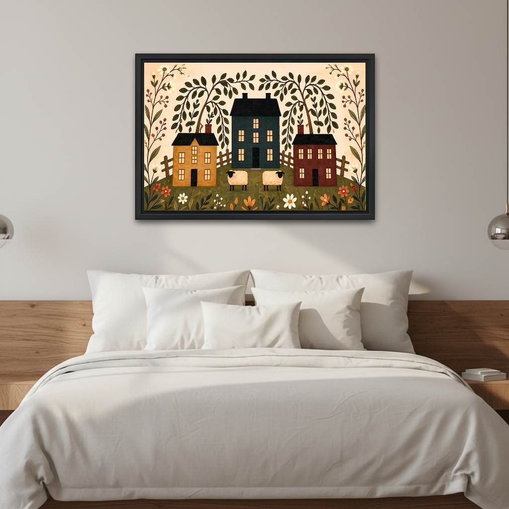 Folk village canvas wall art displayed above a white bed in a calm neutral bedroom.